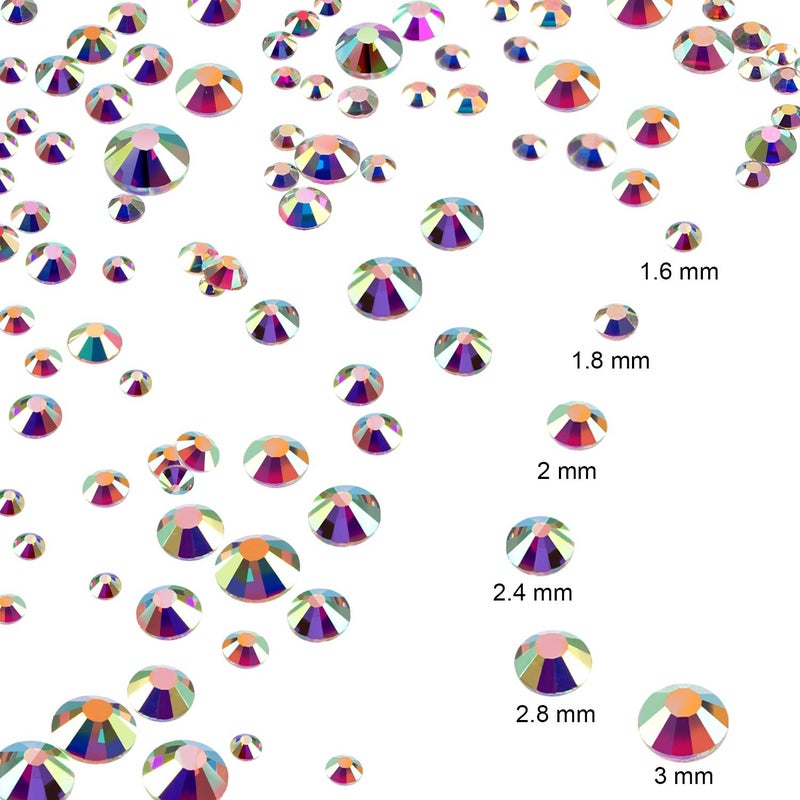 Bememo 3456 Pcs Crystals Diamond Rhinestones AB Clear Flat Back Round Gems Flatback Glass Mixed Size Crystals Gems for Crafts Clothes Shoes Makeup Bags Decor, 6 Sizes(Iridescent) - Image 3